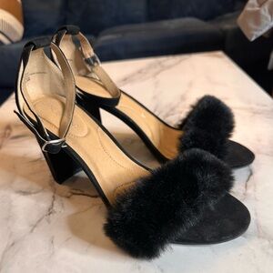 Lane Bryant Faux Fur Ankle Strap Black Wide Width Sandals, Size 10W